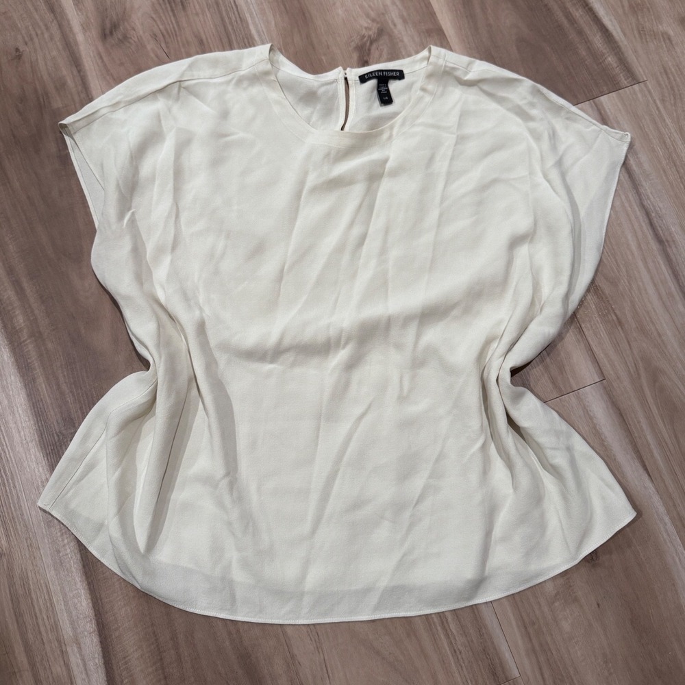 EILEEN FISHER Silk Short Sleeve Top Ivory Cream Size L natural‎ fiber a3